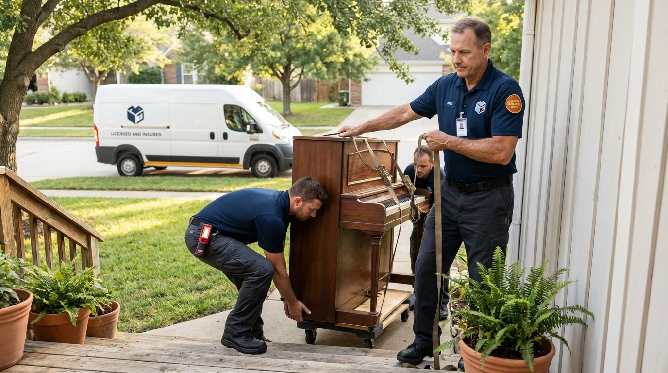 Licensed piano movers securing grand piano in Carterville, MO