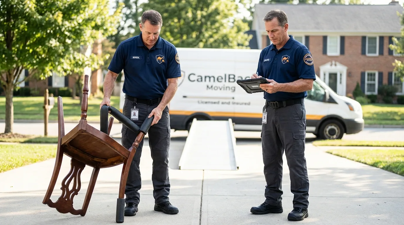 Movers inspecting furniture for damage prevention before loading in Carterville, MO
